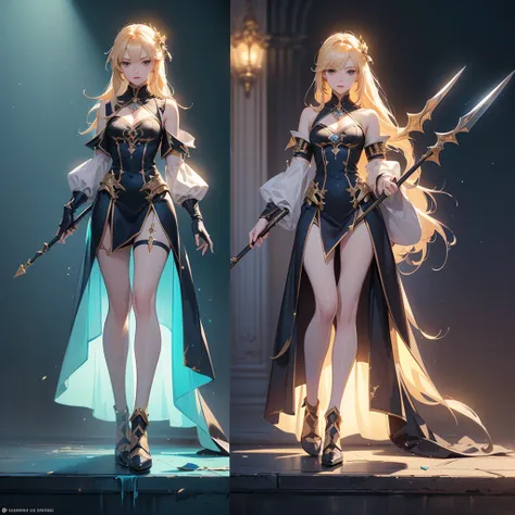 Design a layout showcase Gaming character, (1girl). Golden+Purle clothes, stylish and unique, ((showcase weapon:1.4)), magic staff, (masterpiece:1.2), (best quality), 4k, ultra-detailed, (Step by step design, layout art:1.5), (luminous lighting, atmospheri...