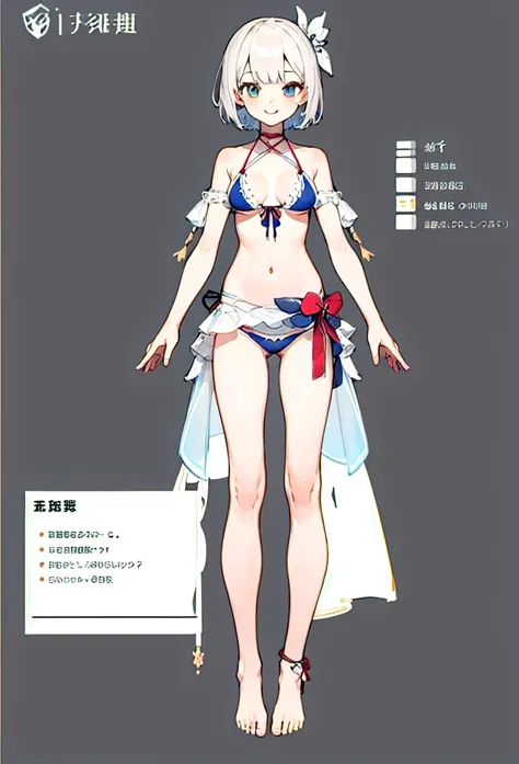 One girl, Super detailed、Clear lines、alone, smile, masterpiece, highest quality,  VTuber - whole body,  short hair、Simple bikini、Simple Background、Standing in front of the viewer、barefoot、Smaller breasts、Character design sheet、