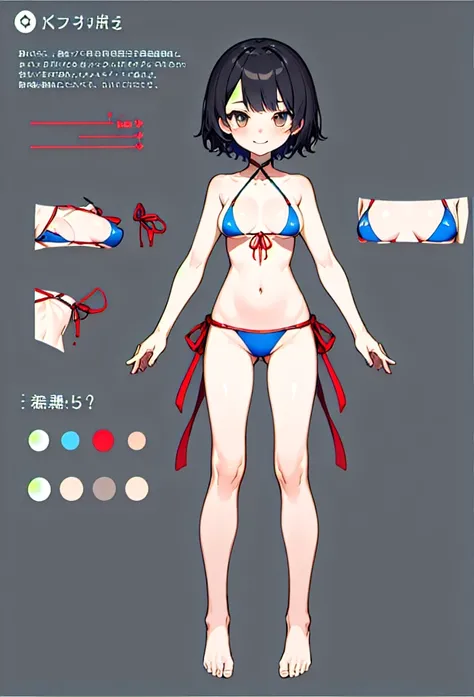 One girl, Super detailed、Clear lines、alone, smile, masterpiece, highest quality,  VTuber - whole body,  short hair、Simple bikini、Simple Background、Standing in front of the viewer、barefoot、Smaller breasts、Character design sheet、