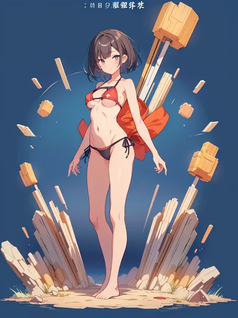 1girl、vtuber-fullbody、highest quality、Masterpiece、Official Art、The best composition、Super detailed、Standing in front of the viewer、short hair、Simple bikini、Small breasts、barefoot、Simple Background、Upright Pose、Character Design、Front standing portrait、