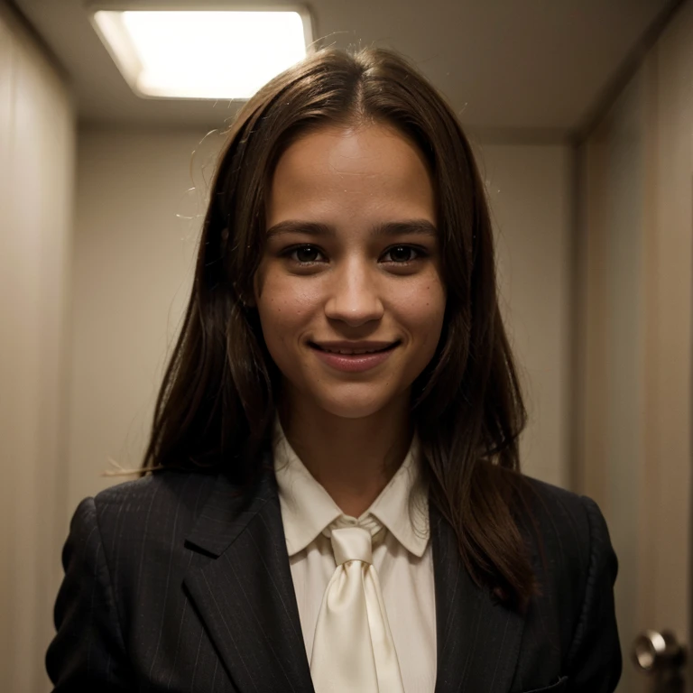 Alicia Vikander dressed in a suit and tie smiling