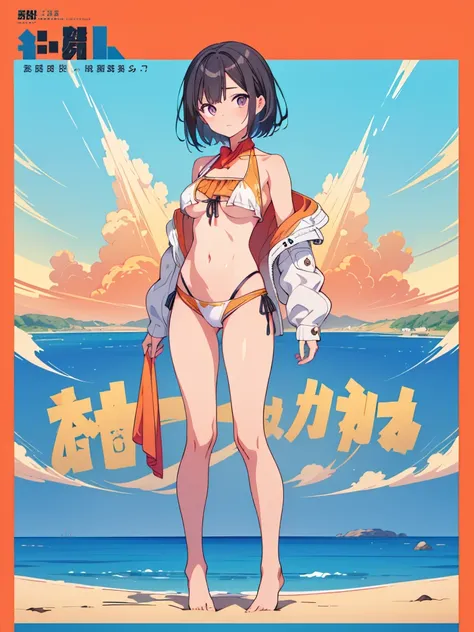 Magazine Cover、1girl、Standing in front of the viewer、vtuber-fullbody、highest quality、Masterpiece、Official Art、The best composition、Super detailed、short hair、Simple bikini、Small breasts、barefoot、Simple Background、Upright Pose、Character Design、Front standing...