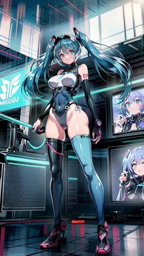 ((Highest quality))、(masterpiece)、Hatsune Miku VOCALOID、(Twin tails)、Light blue hair、Water-colored pupils、cyber punk、Ultimate Physical Beauty、Big Ass、(Big Breasts)、Bodysuits、Sexy pose、12-year-old girl has electronic visor fitted to her face、red latex body、...