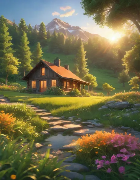 As the golden sun dips below the horizon, casting its warm glow over the tranquil meadow, a rustic cabin nestled amidst the lush greenery beckons. Its wooden exterior, weathered by time, exudes a sense of timeless charm against the backdrop of the summer s...