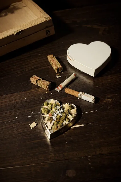 Cracked heart broken into several pieces reflecting a marijuana cigarette 