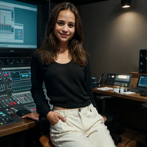 Alicia Vikander dressed in casual clothes in a studio smiling