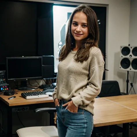 Alicia Vikander dressed in casual clothes in a studio smiling