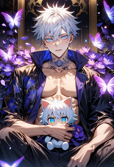 Ultra detailed, Highres, absurdres, HDR, Gojo Satoru, white hair with bangs, expressive blue eyes, hair between the eyes, white eyelashes, black coat with patterns, Jujutsu Kaisen, white shirt, fantasy, glittering purple butterflies, petals, handsome, sexy...