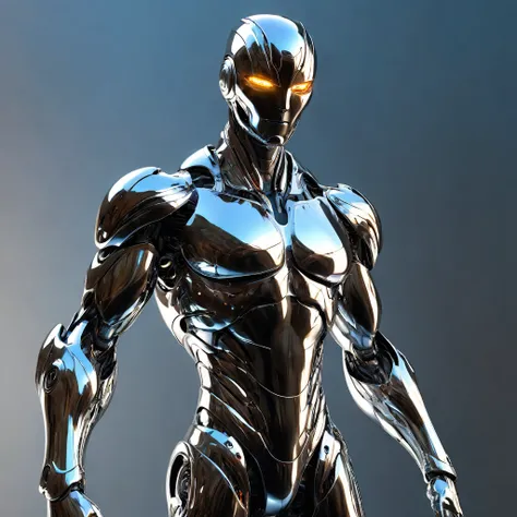 a shiny, metallic humanoid figure, chrome liquid metal body, highly detailed features, glowing eyes, seamless joints, flowing li...