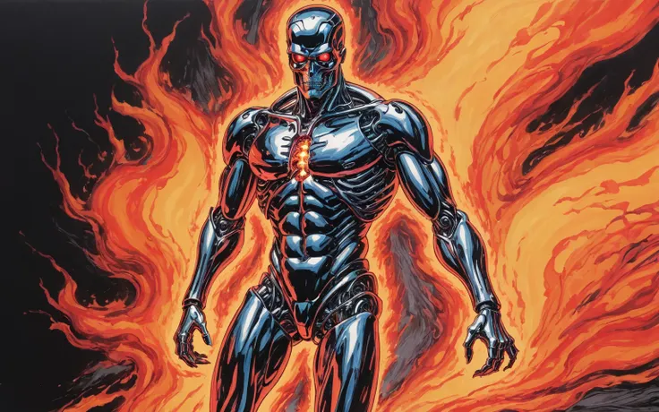 Liquid Metal, T-1000, terminator, high intensity heat, flame heat rays, flame rollout, heat haze, heat shimmer, contrast between fiery inferno colors and liquid metal cool hues of the liquid man walking through the blaze, hand drawn, realism, 