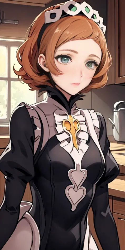 masterpiece, best quality, syrene, green eyes, headband, fates maid, kitchen, upper body