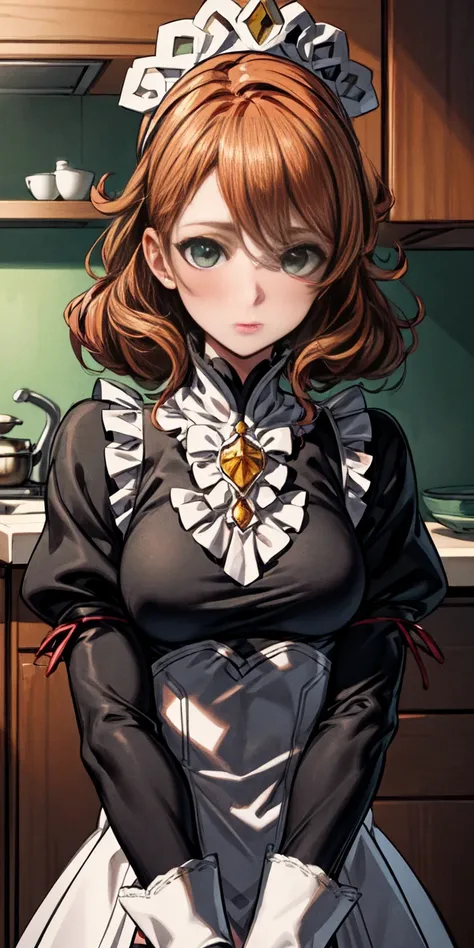 masterpiece, best quality, syrene, green eyes, headband, fates maid, kitchen, upper body