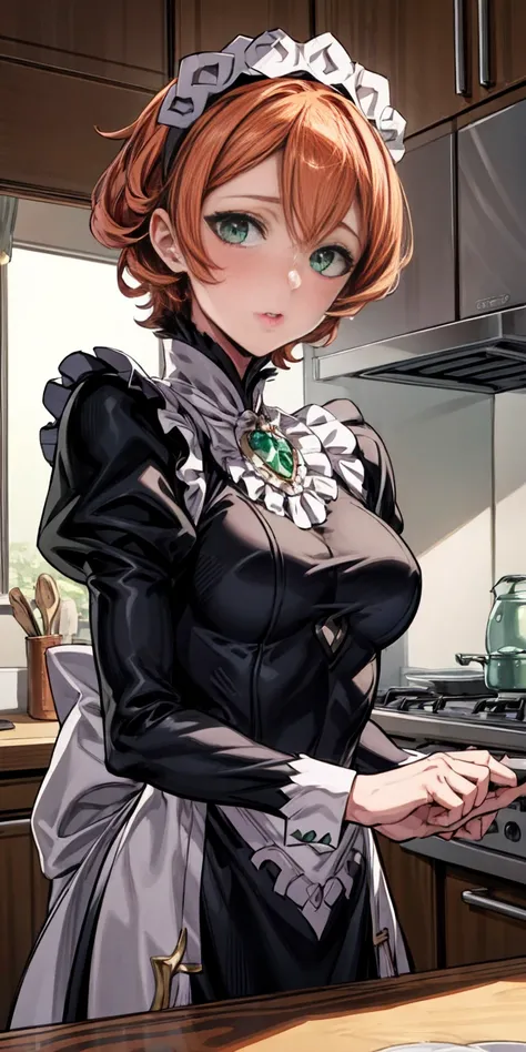 masterpiece, best quality, syrene, green eyes, headband, fates maid, kitchen, upper body