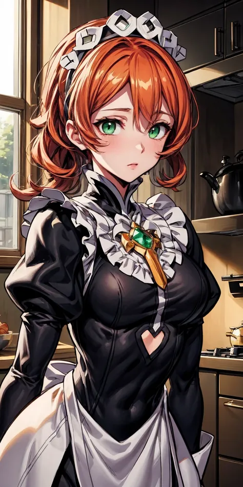 masterpiece, best quality, syrene, green eyes, headband, fates maid, kitchen, upper body