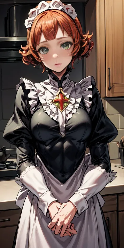 masterpiece, best quality, syrene, green eyes, headband, fates maid, kitchen, upper body