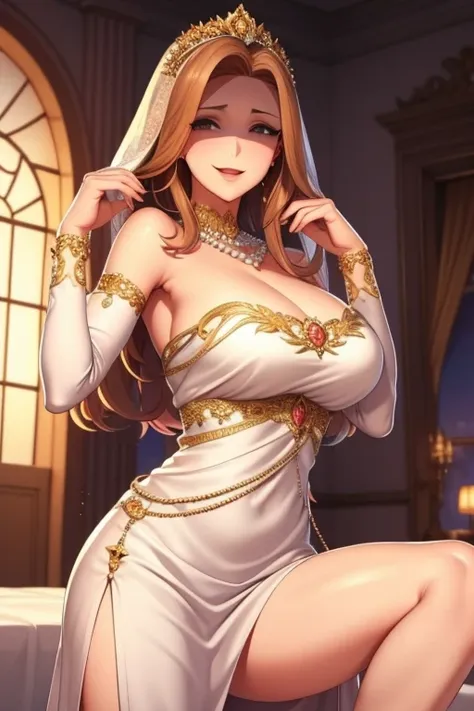 1 Princess，White evening dress，Garment Details，There are intricate gold lines on clothes，Pearl Necklace,White skin，View your viewers，Brown eyes，Realistic，Are standing，smile,whole body,Large Breasts, にやにやsmile、With a creepy smile, A slanted smile at the cor...