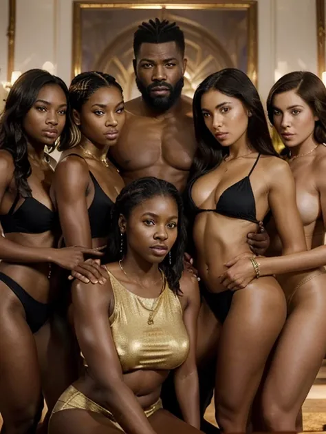 (Best Quality, 2k, Masterpiece, QHD: 1.3, A Handsome short haired african barbarian   man is surrounded by three women up against him touching him and gaze at him, at a mansion, wearing Tracksuits that show off body, perfect bodies, women: long flowing hai...