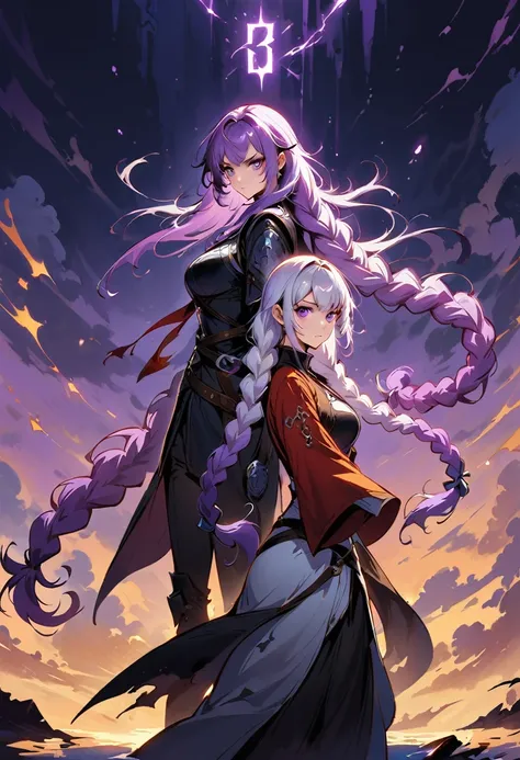 Award-winning epic painting，Depicting two girls in medieval costumes standing back to back, yinji, purple hair, purple eyes, long hair, white hair, double braids, gradient hair, Angry expression, cool, personality, brave, (Backlight:1.3), number, concept a...