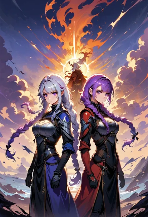 Award-winning epic painting，Depicting two girls in medieval costumes standing back to back, yinji, purple hair, purple eyes, long hair, white hair, double braids, gradient hair, Angry expression, cool, personality, brave, (Backlight:1.3), number, concept a...