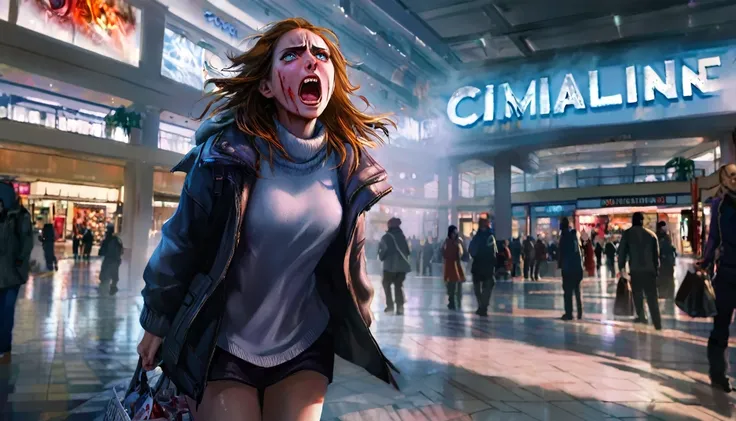 a woman screaming in terror, liquid metal coalescing into a bloodthirsty demon, busy shopping mall, hyper realistic, cinematic lighting, dramatic shadows, volumetric fog, vibrant colors, unreal engine, photorealistic, detailed facial features, expressive e...