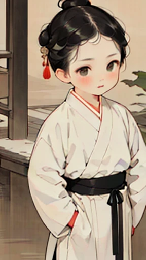 Three Kingdoms、Boy in ancient Chinese costume、Intelligent boy、Looking into the camera、There is a topknot on the head.、Hanfu、Black Hair、Standing and posing with arms crossed