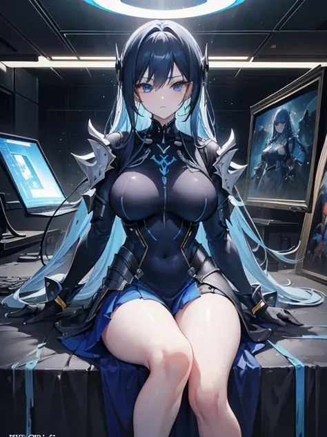 (Best Quality,High resolution,masterpiece:1.2),anime,Portrait,Studio Lighting,Ultra-detailed,Professional,Realist,Blue long hair,Pale skin,Tall and beautiful,Power Suit Exoskeleton,dark blue,space,Spacecraft Hangar, Long legs,Big Breasts,  Oil on canvas, B...