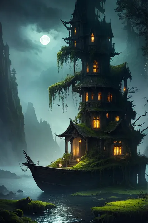 Boat, High Fantasy, Magical Effects, Ultra-realistic, Super detailed, Mysterious atmosphere, Old and abandoned, grown, Luminous moss, Dark atmosphere, The light spreads evenly, so beautiful, Beautiful underwater landscape in the background,full moon