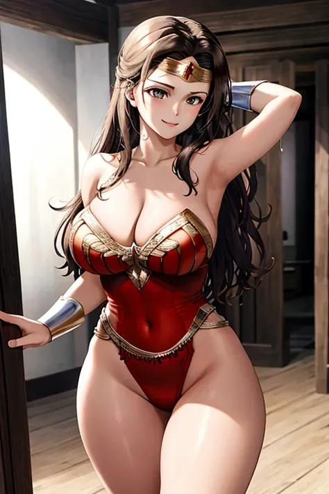 masterpiece, best quality, beautiful art, high resolution, well formed hands, body and fingers, 1 woman, solo, wonder woman,  tiara , long hair, , adult, big breasted, cleavage, hair ribbon, full body, sexy and skimpy outfit , gorgeous legs and thighs , sh...