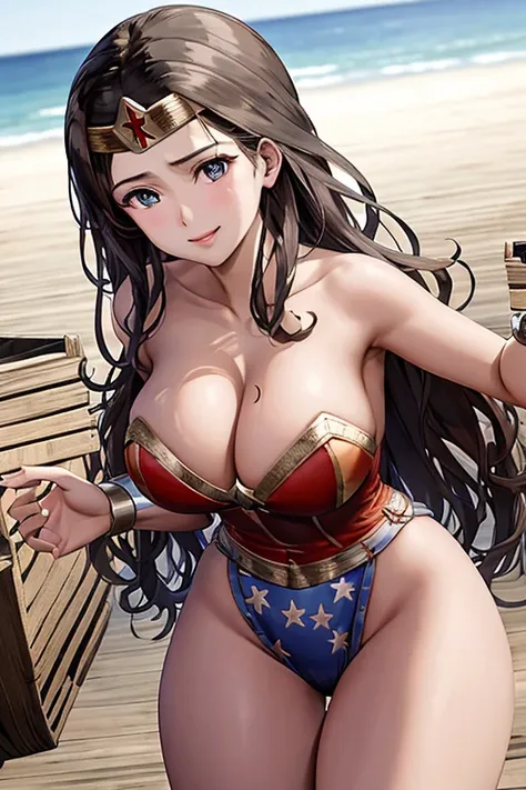 masterpiece, best quality, beautiful art, high resolution, well formed hands, body and fingers, 1 woman, solo, wonder woman,  tiara , long hair, , adult, big breasted, cleavage, hair ribbon, full body, sexy and skimpy outfit , gorgeous legs and thighs , sh...