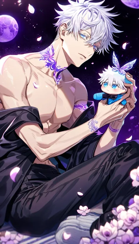 Ultra detailed, HDR, Highres, absurdres, master piece, Gojo Satoru, white hair with bangs, expressive blue eyes, white eyelashes, hair between the eyes, Jujutsu Kaisen, purple background, petals, fantasy, purple flowers, sexy man, solo, extremely detailed ...