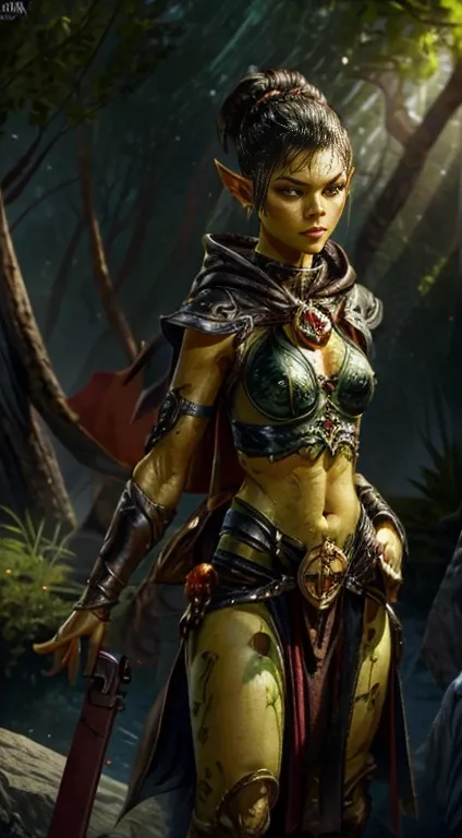 znd, sexy githyanki, (green skin:1.22), black short hair bun, orange eyes, pointy ears, navel, midriff, black hooded cloak, black cape, garter, black belt, brown pouch, medium breasts, athletic, standing in the forest, small river, highly detailed face and...