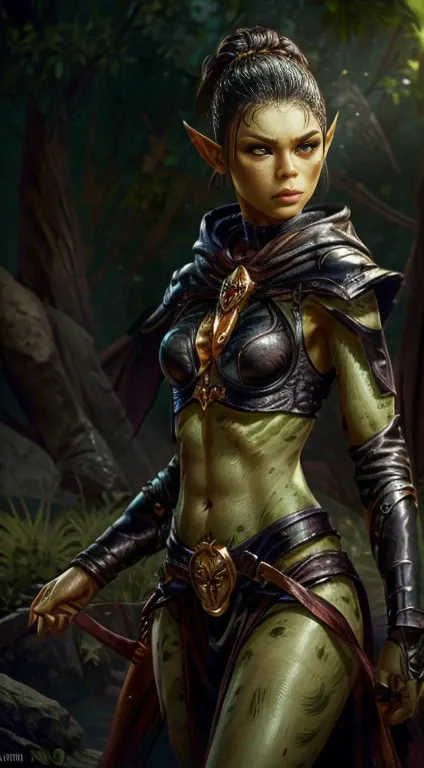 znd, sexy githyanki, (green skin:1.22), black short hair bun, orange eyes, pointy ears, navel, midriff, black hooded cloak, blac...