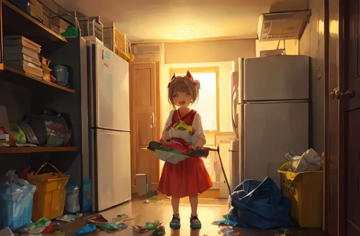 Thteeth illustration teeth、Cute girl standing in a room full of trash、It depicts a moment of rage at the situation.。she、Holding cleaning tools in teethぁnd、その目teeth怒りに燃えている。among them、Old magazines、leftovers、Lots of unused home appliances。 but、The most nota...