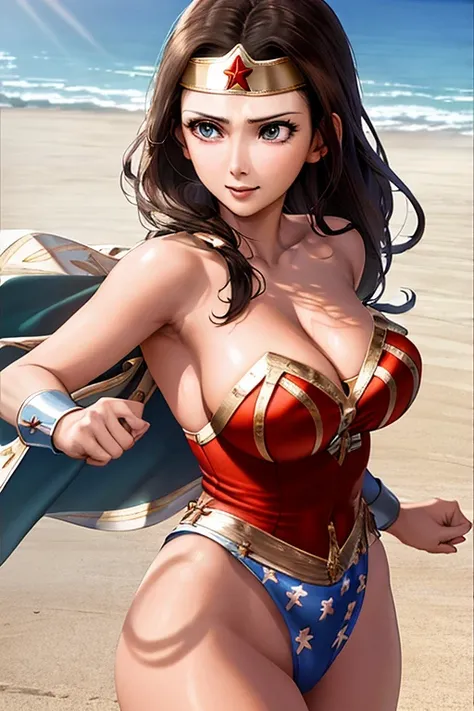 masterpiece, best quality, beautiful art, high resolution, well formed hands, body and fingers, 1 woman, solo, wonder woman Lynda Carter,  tiara ,adult, big breasted, cleavage, full body, sexy and skimpy outfit , gorgeous legs and thighs , she is fighting ...