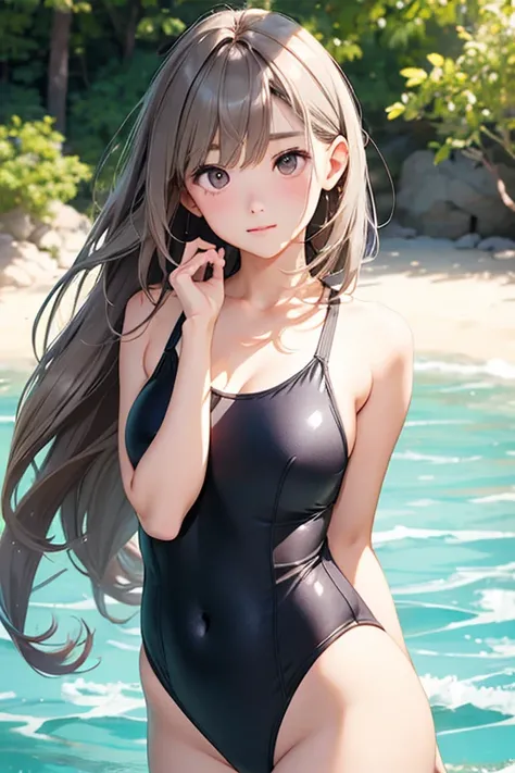 highest quality、Realistic、female、Japanese、zoom、cute、Gray Eyes、Chestnut Hair、Bonytail、swimsuit、Chubby
