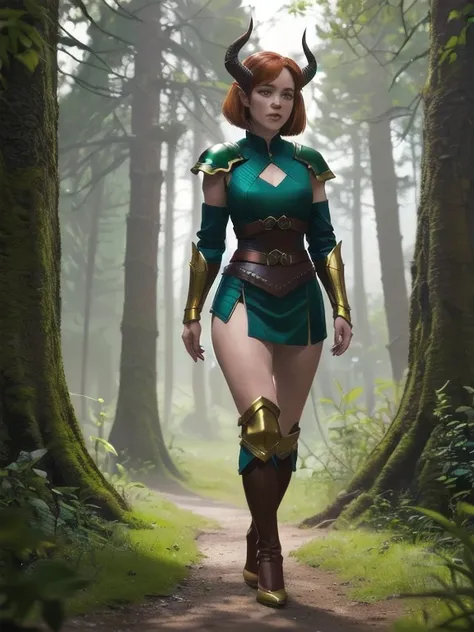 (8k, RAW photo, best quality, masterpiece:1.2),ultra-detailed, (high detailed skin:1.2), 8k uhd, dslr, soft lighting, high quality,  freckles, crimson bob cut, portrait sophia_lillis, woman, bob cut, green armor, doric, horns, tail, pointy ears, full body,...