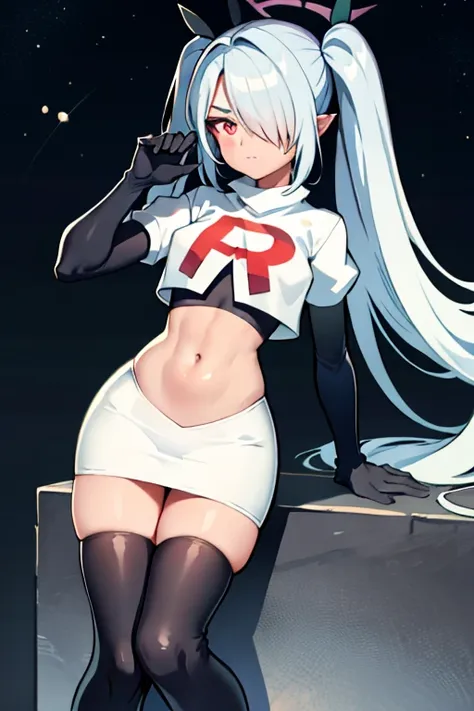 (masterpiece), 1girl, hair over one eye,magical world, shiny steps, beautiful sky, stars, jupiter, ioridef, team rocket,team rocket uniform,white skirt,red letter R,crop top,black thigh-highs,black elbow gloves