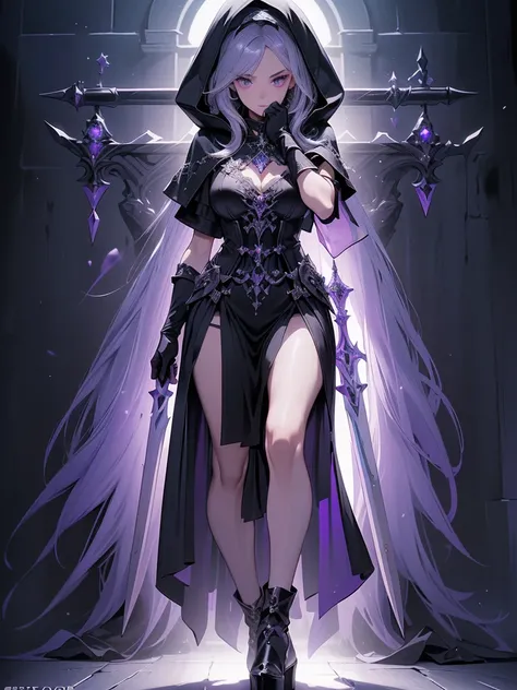 Design a layout showcase Gaming character, (1girl). Purple+Black attire, mysterious and enchanting, ((showcase weapon:1.4)), crystal ball, (masterpiece:1.2), (best quality), 4k, ultra-detailed, (Step by step design, layout art:1.5), (moody lighting, magica...