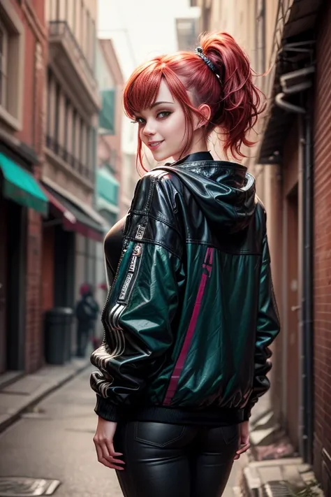 photorealistic, high resolution, 1 beautiful female, beautiful emerald eyes, ponytails red hair, smiling, cyberpunk streetwear, dynamic pose, background back alley street, dramatic, chromatic aberration. 