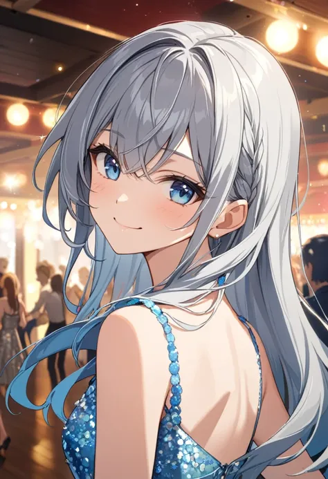 1lady,gallant,(blue_hair)|(gray_hair)0.5,long_hair,blue_eyes, smile,close_mouth,party dress,dance hall,