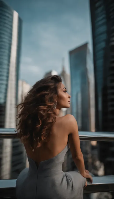 Extremely realistic detailed, high-quality ultra wide angle lens photography, from a Brazilian fashion style girl, modern style seated on the edge of skyscrapers, we can see her from bottom, her hair moving in wind