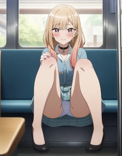 masterpiece, best quality, very aesthetic, absurdres, 1girl, Kitagawa marin, sono bisque doll wa koi wo suru,sitting on seat, in train, spread apart, panties, blush, anime artwork, key visual, highly detailed, looking at viewer, full body
