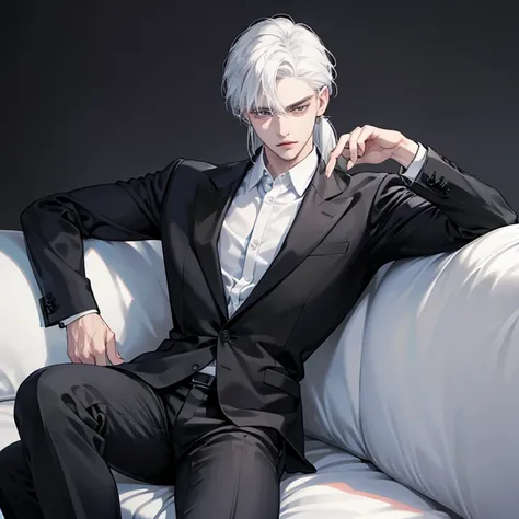 A cool and handsome CEO man about 21 years old, cold gaze, white hair, mullet hairstyle, wearing black suit, an executive man, the backgound is he sitting on single sofa, sexy man, side angle