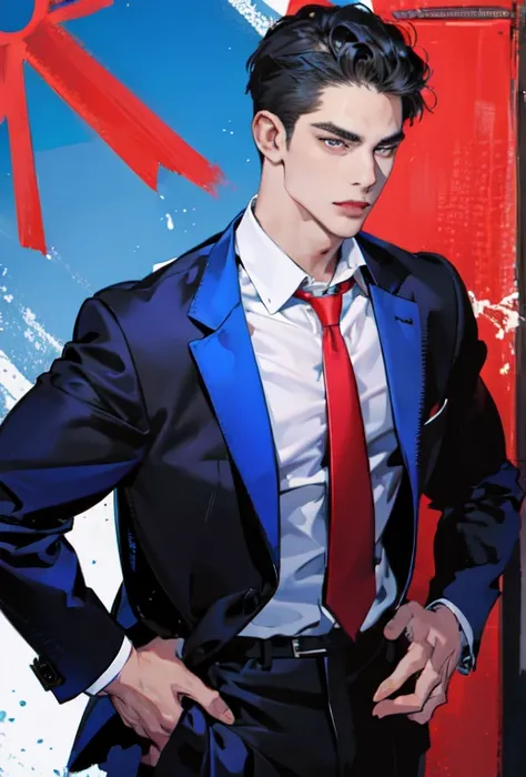 Hot ceo guy with a red tie, and deep blue blazer