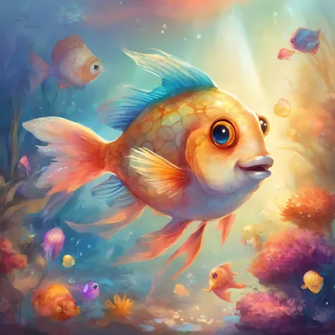 it was a colorful and shiny one oh a flounder a cute little fish，Big round eyes，Contagious smile with various expressions and white background