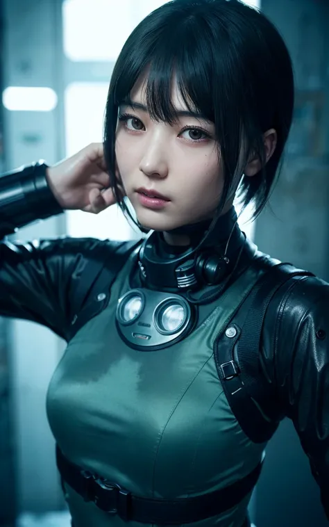 Dark Body 8K Drive Rendering, Teenage Female Cyborg, Green Shortcut Hair, Wear wearing rash-guard likes police uniform, black and gray mecha, wearing high-tech heavy gasmask, military harness, holding a machinegun, battle armor, action SHOT, closes mouth, ...