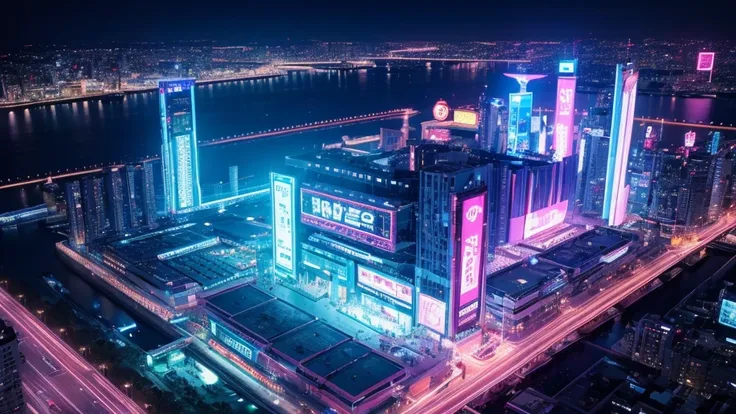 Pixel Games，Set design，Fantastic scene，Cyberpunk Style，Neon color，High saturation，Space City，Lots of signs,temporarily stopped， Pink glow