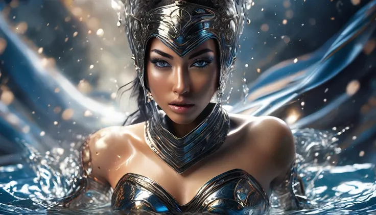 a sexy female ninja emerging from a pool of liquid metal, extremely detailed goddess-like face and body, beautiful detailed eyes, beautiful detailed lips, extremely detailed eyes and face, long eyelashes, intricate metal armor, graceful flowing movements, ...