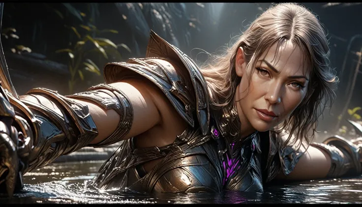 a sexy female ninja emerging from a pool of liquid metal, extremely detailed goddess-like face and body, beautiful detailed eyes, beautiful detailed lips, extremely detailed eyes and face, long eyelashes, intricate metal armor, graceful flowing movements, ...