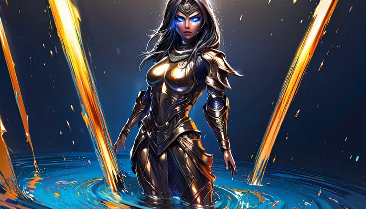 a sexy female ninja emerging from a pool of liquid metal, extremely detailed goddess-like face and body, beautiful detailed eyes, beautiful detailed lips, extremely detailed eyes and face, long eyelashes, intricate metal armor, graceful flowing movements, ...